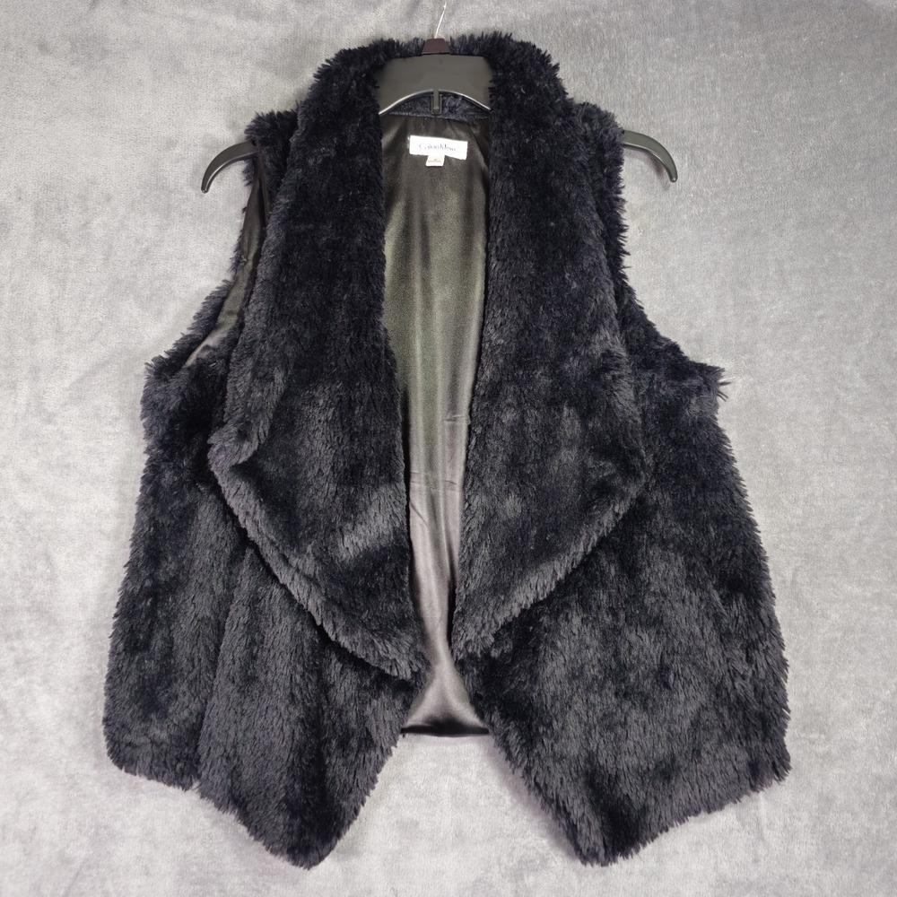 Calvin Klein Womens Medium Black Faux Fur Vest Draped Open Front Cozy Winter
